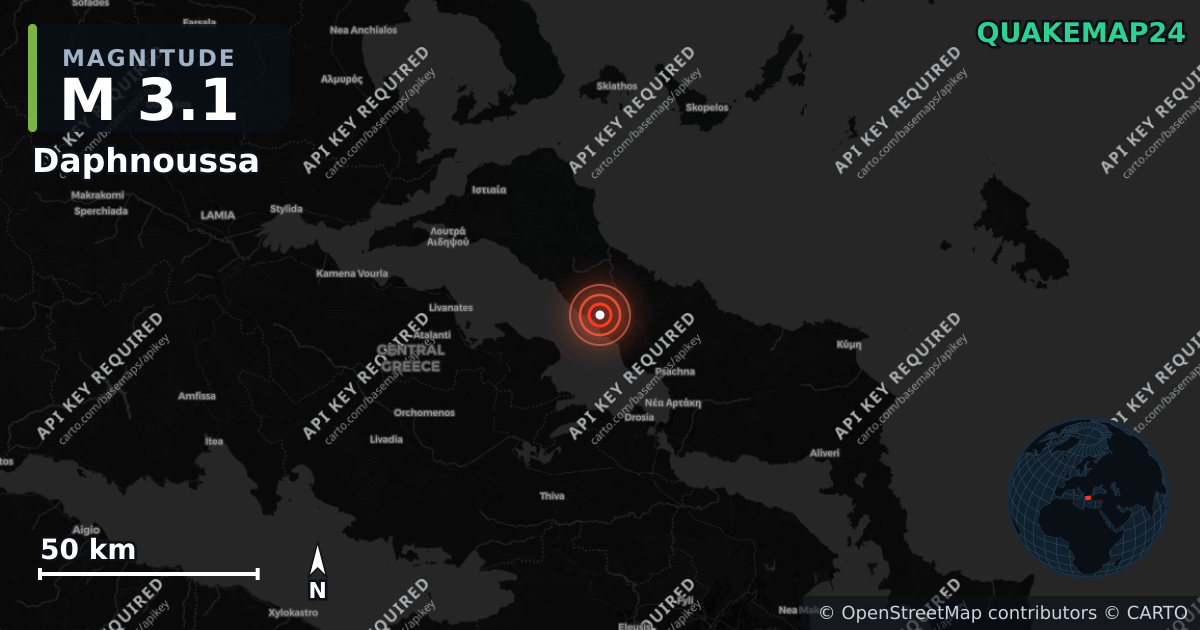 M3.1 earthquake near Daphnoussa on Aug 31, 2026 — map of epicenter and shaking intensity | QuakeMap24