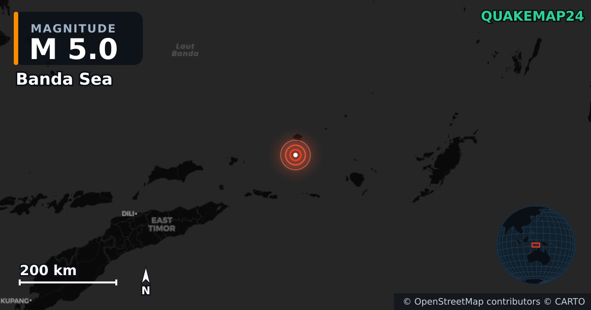 M5.0 earthquake near Banda Sea on Mar 30, 2026 — map of epicenter and shaking intensity | QuakeMap24