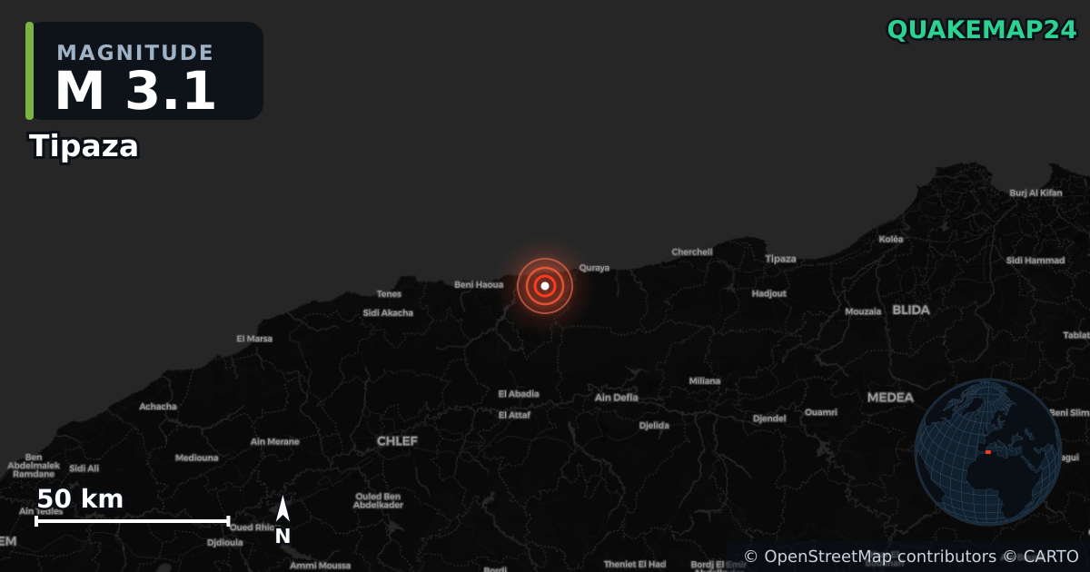 M3.1 earthquake near Tipaza on Oct 31, 2025 — map of epicenter and shaking intensity | QuakeMap24