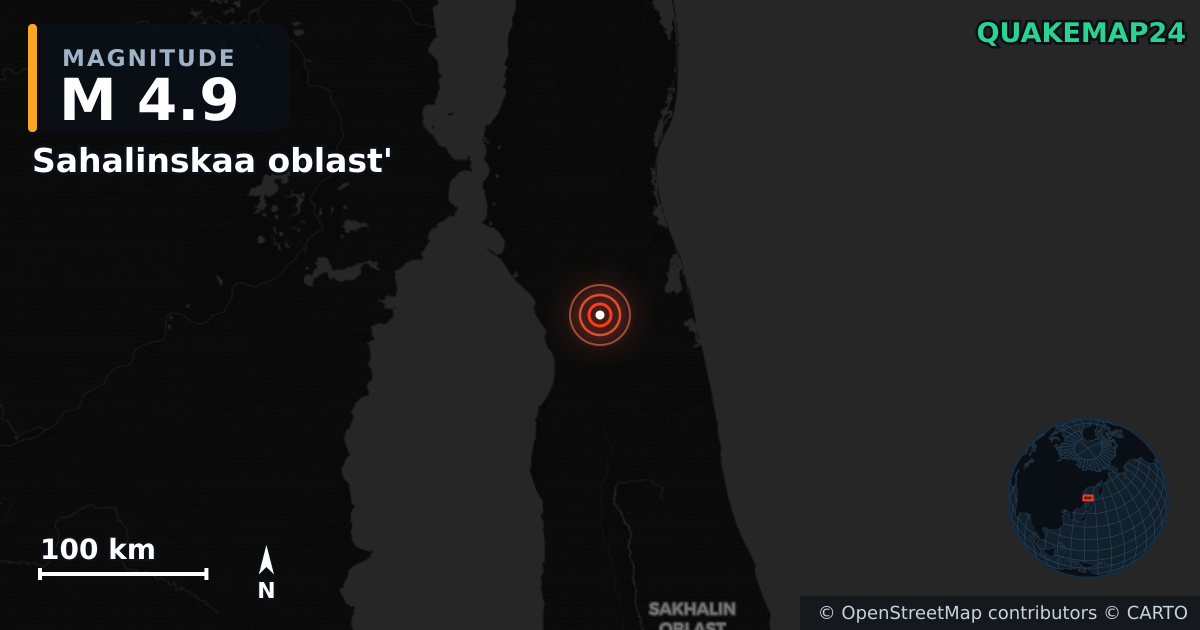 M4.9 earthquake near Sahalinskaa oblast' on Nov 6, 2025 — map of epicenter and shaking intensity | QuakeMap24
