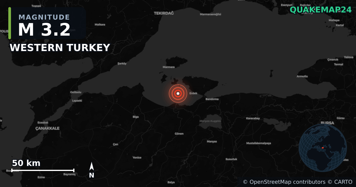M3.2 earthquake near WESTERN TURKEY on Sep 26, 2025 — map of epicenter and shaking intensity | QuakeMap24