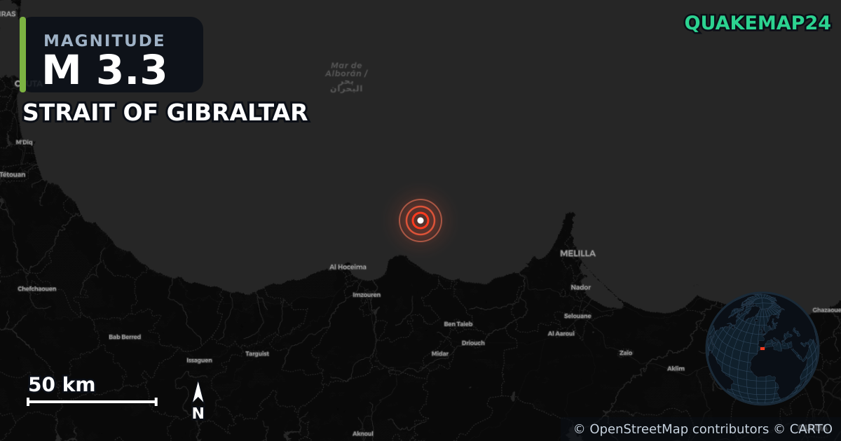 M3.3 earthquake near STRAIT OF GIBRALTAR on Sep 8, 2025 — map of epicenter and shaking intensity | QuakeMap24