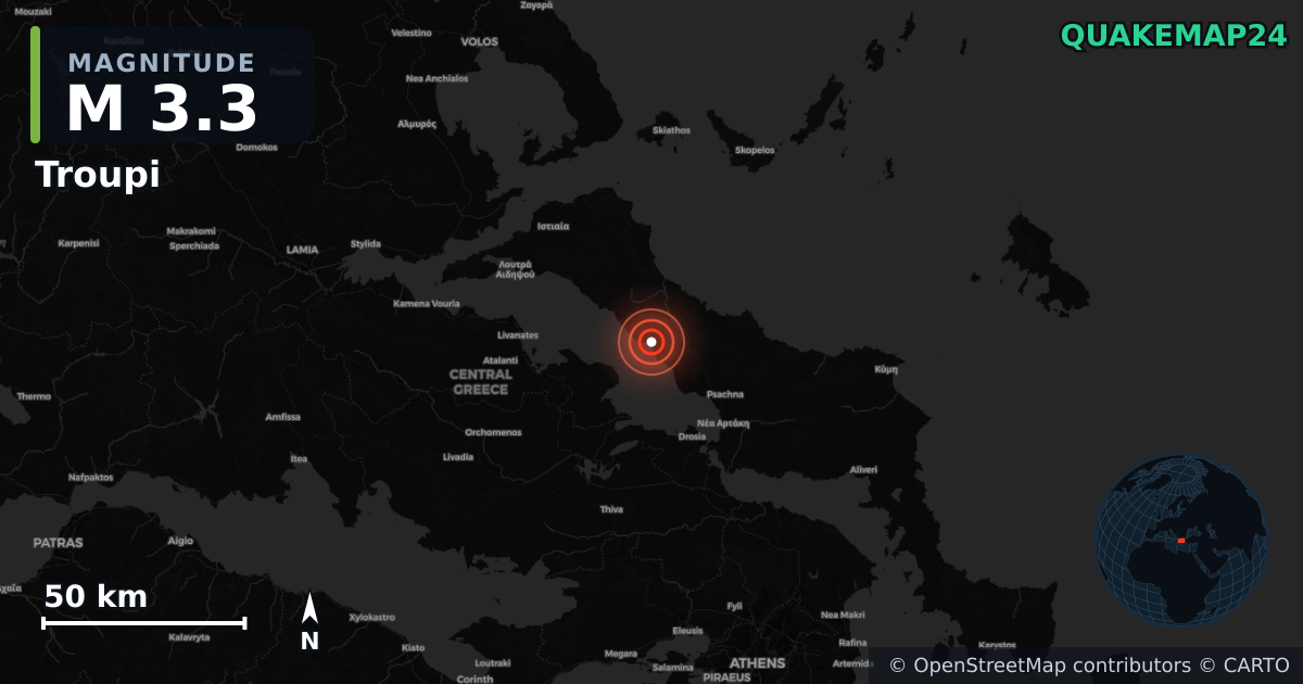 M3.3 earthquake near Troupi on Jun 12, 2026 — map of epicenter and shaking intensity | QuakeMap24