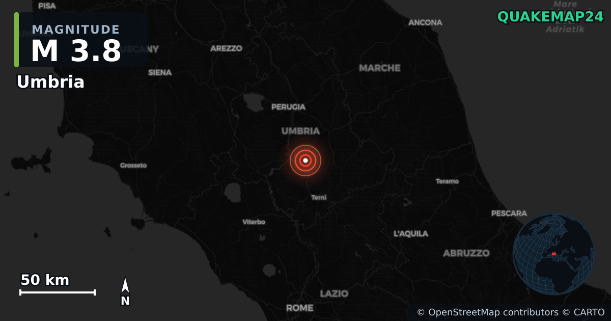 M3.8 earthquake near Umbria on Sep 20, 2025 — map of epicenter and shaking intensity | QuakeMap24