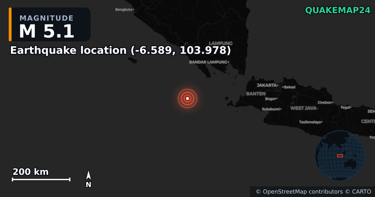 M5.1 earthquake near Erdbeben-Standort (-6.589, 103.978) on Aug 20, 2025 — map of epicenter and shaking intensity | QuakeMap24