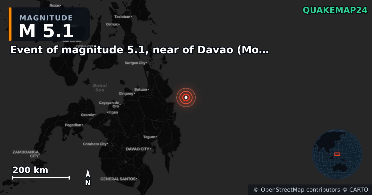 Terremoto de M5,1 cerca de Event of magnitude 5.1, near of Davao (Monde) — Mapa de la ubicación del epicentro