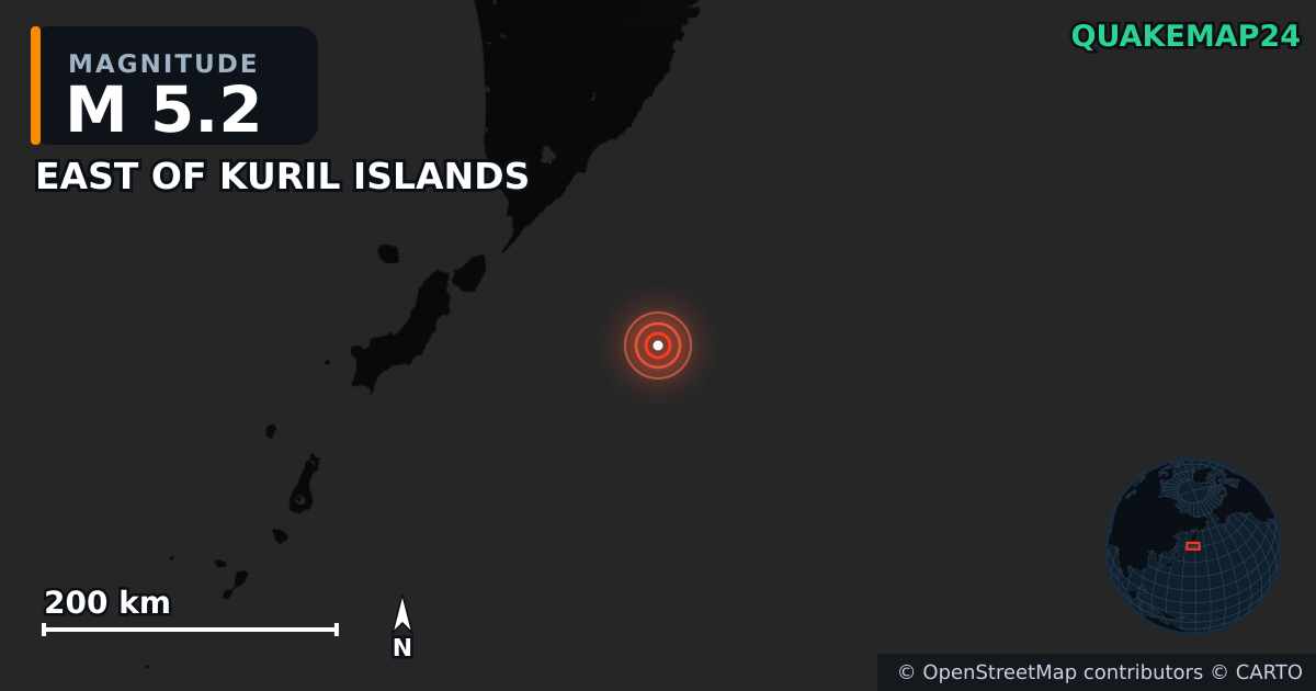 M5.2 earthquake near EAST OF KURIL ISLANDS on Jul 30, 2025 — map of epicenter and shaking intensity | QuakeMap24