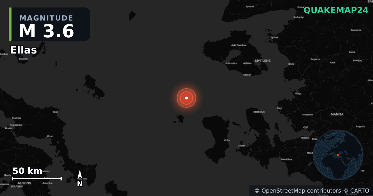 M3.6 earthquake near Ellas on Aug 26, 2025 — map of epicenter and shaking intensity | QuakeMap24