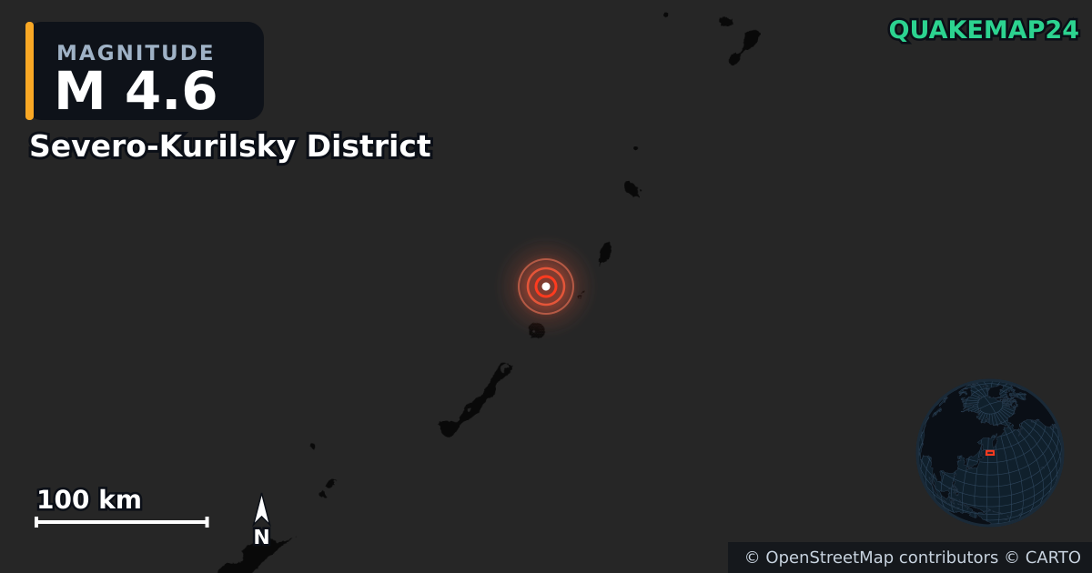 M4.6 earthquake near Severo-Kurilsky District on Jul 19, 2026 — map of epicenter and shaking intensity | QuakeMap24