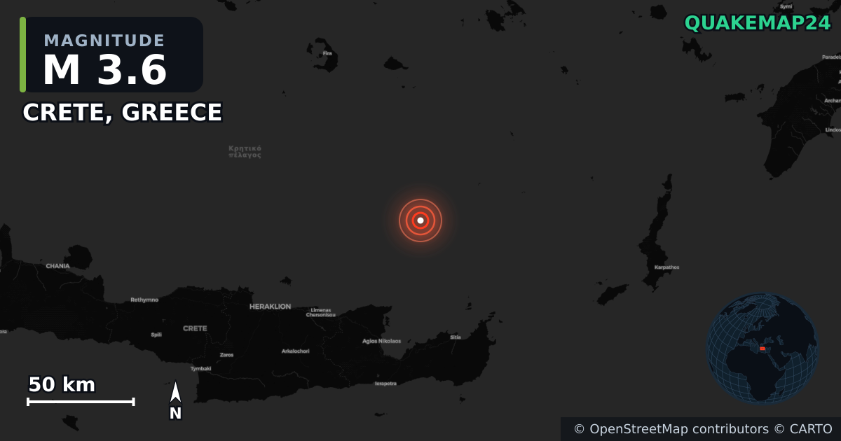M3.6 earthquake near CRETE, GREECE on Jun 2, 2025 — map of epicenter and shaking intensity | QuakeMap24