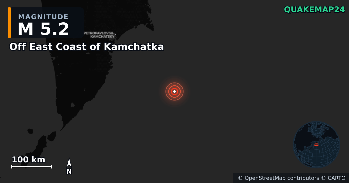 M5.2 earthquake near Off East Coast of Kamchatka on Jul 30, 2025 — map of epicenter and shaking intensity | QuakeMap24