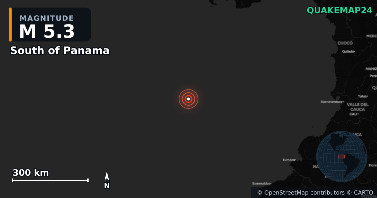 M5.3 earthquake near South of Panama on Jun 29, 2025 — map of epicenter and shaking intensity | QuakeMap24