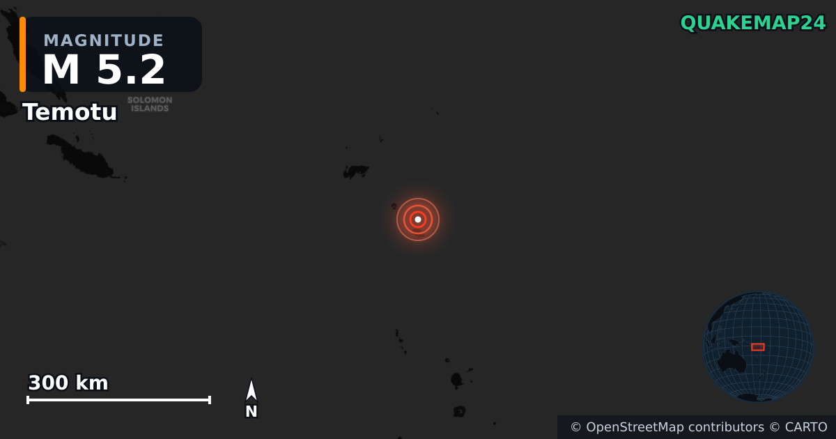 M5.2 earthquake near Temotu on Sep 28, 2025 — map of epicenter and shaking intensity | QuakeMap24