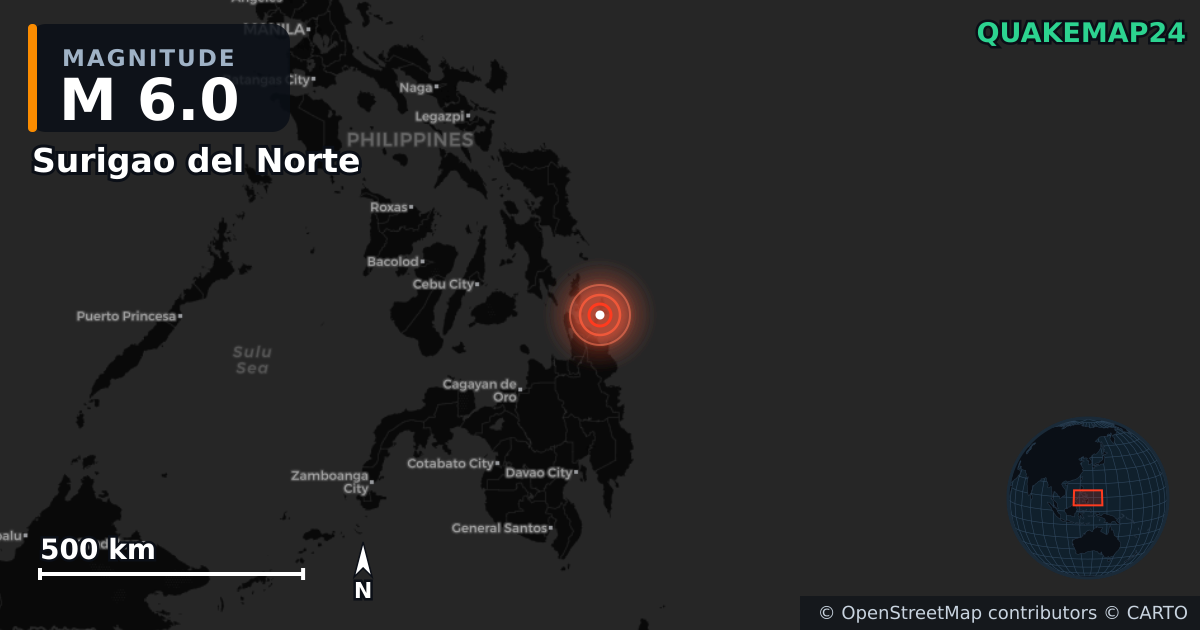 M6.0 earthquake near Surigao del Norte on Oct 16, 2025 — map of epicenter and shaking intensity | QuakeMap24