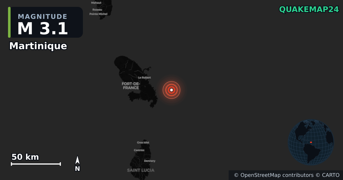 M3.1 earthquake near Martinique on Dec 20, 2025 — map of epicenter and shaking intensity | QuakeMap24
