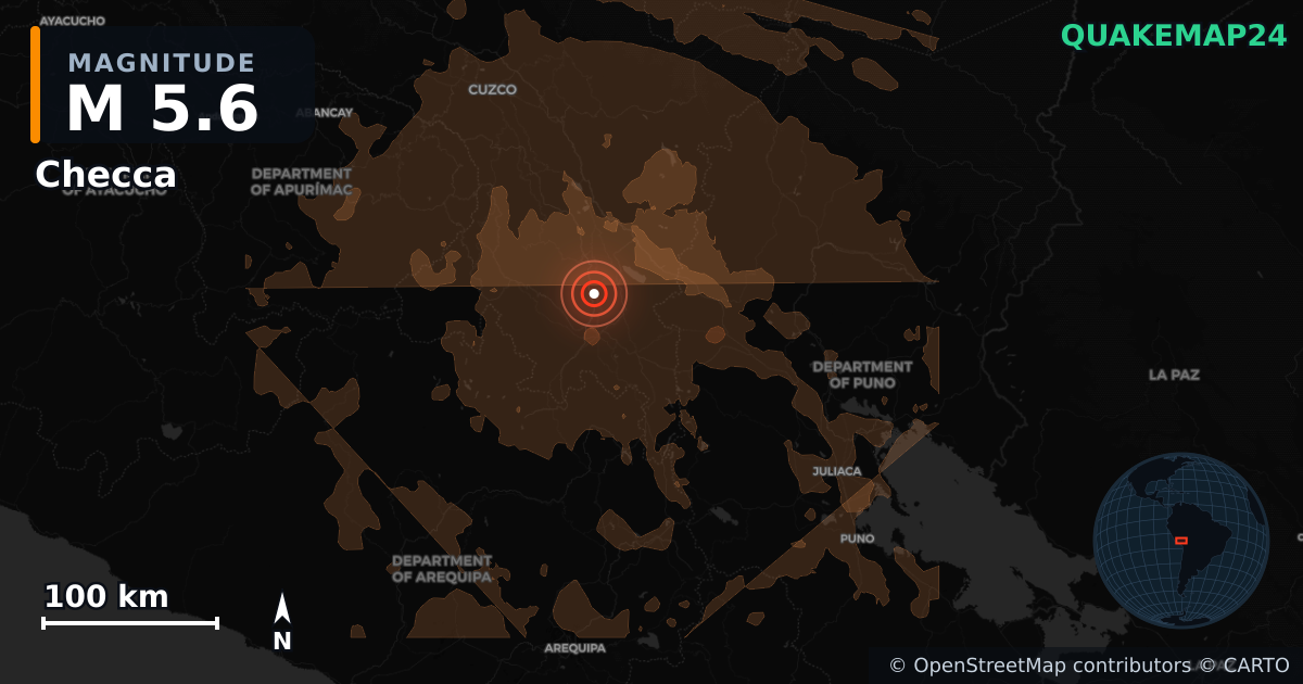 M5.6 earthquake near Checca on Jul 14, 2026 — map of epicenter and shaking intensity | QuakeMap24