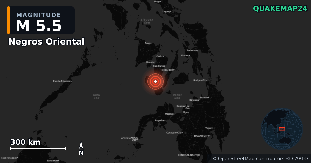 M5.5 earthquake near Negros Oriental on Nov 2, 2025 — map of epicenter and shaking intensity | QuakeMap24