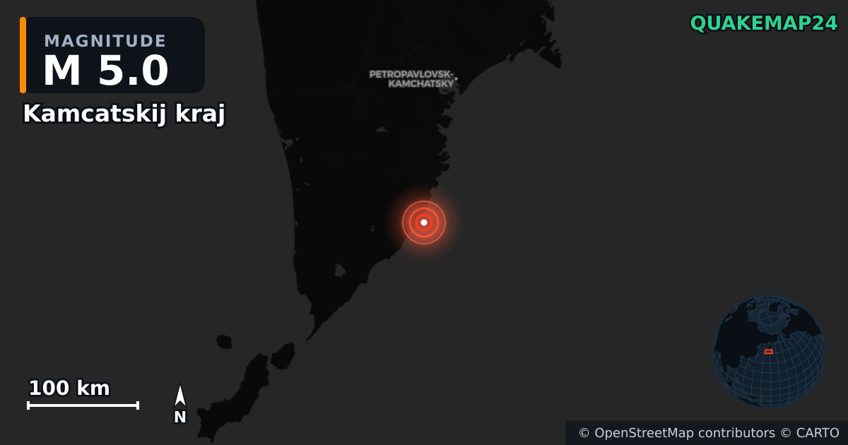 M5.0 earthquake near Kamcatskij kraj on Sep 22, 2025 — map of epicenter and shaking intensity | QuakeMap24