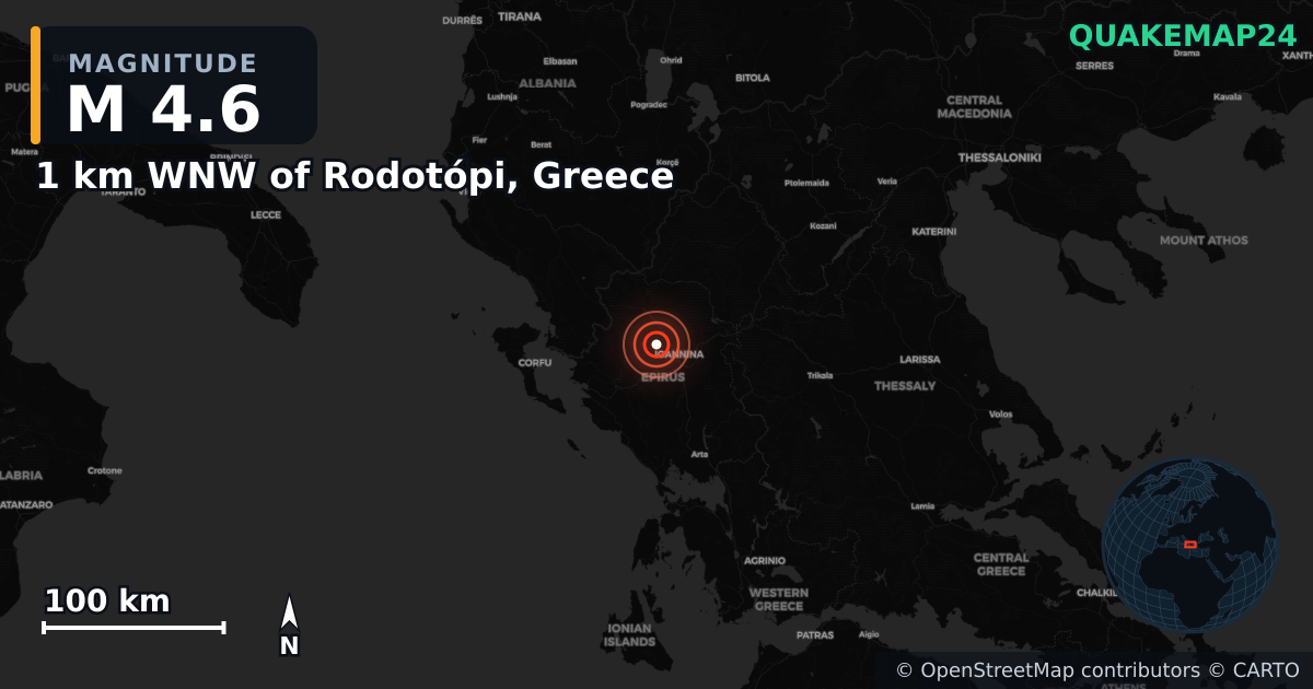 M4.6 earthquake near 1 km WNW of Rodotópi, Greece on Apr 6, 2026 — map of epicenter and shaking intensity | QuakeMap24