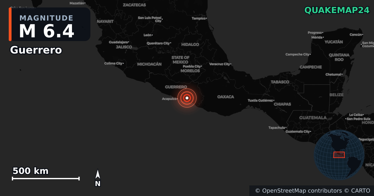 M6.4 earthquake near Guerrero on Jan 2, 2026 — map of epicenter and shaking intensity | QuakeMap24