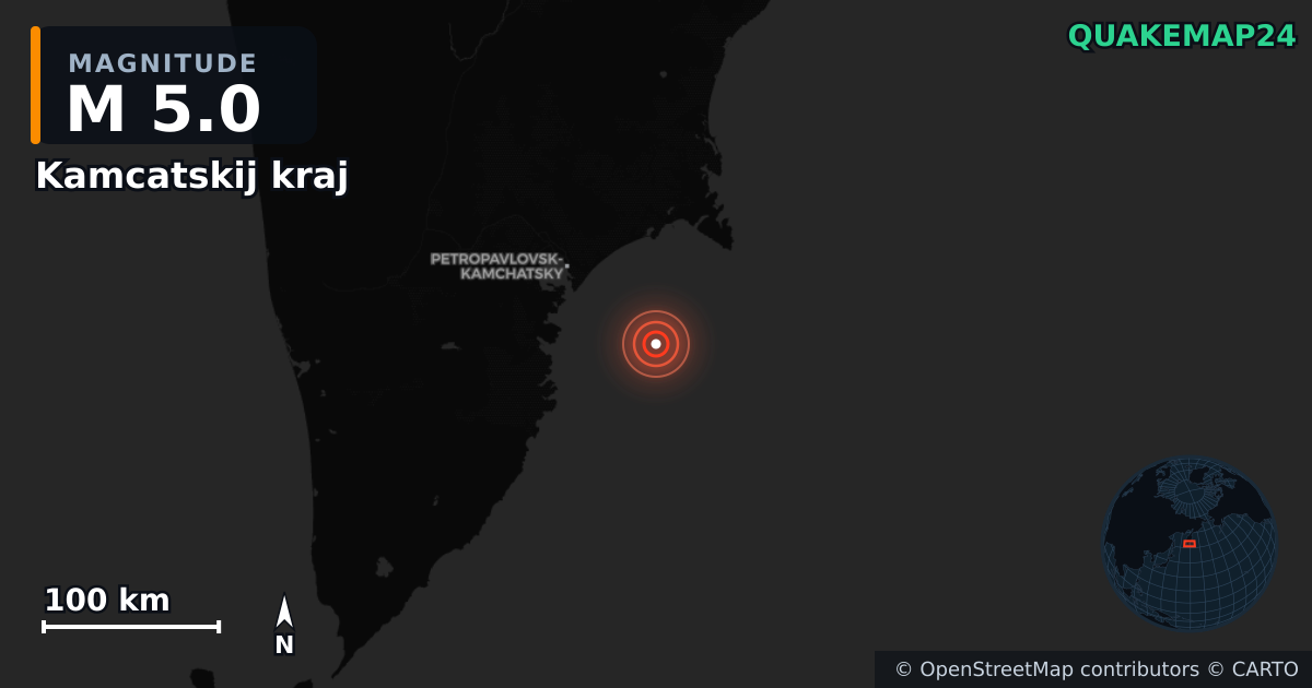 M5.0 earthquake near Kamcatskij kraj on Sep 6, 2025 — map of epicenter and shaking intensity | QuakeMap24