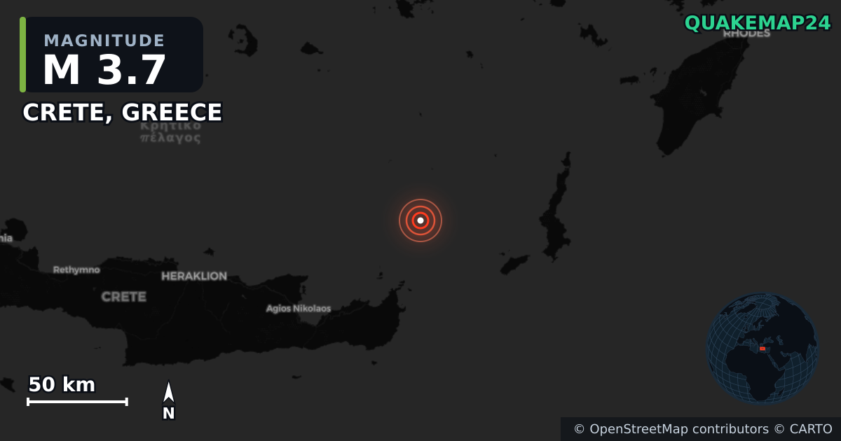 M3.7 earthquake near CRETE, GREECE on Sep 12, 2025 — map of epicenter and shaking intensity | QuakeMap24