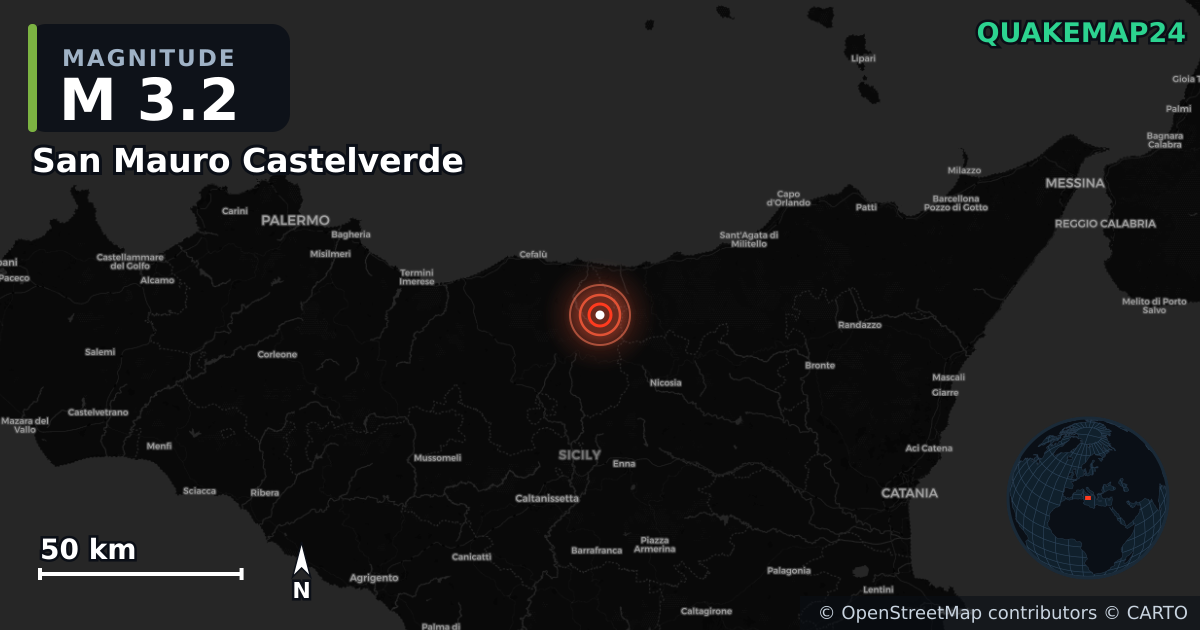 M3.2 earthquake near San Mauro Castelverde on Feb 17, 2026 — map of epicenter and shaking intensity | QuakeMap24