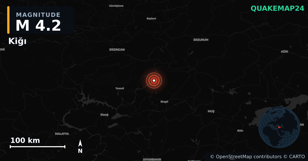 M4.2 earthquake near Kiğı on Jun 1, 2025 — map of epicenter and shaking intensity | QuakeMap24