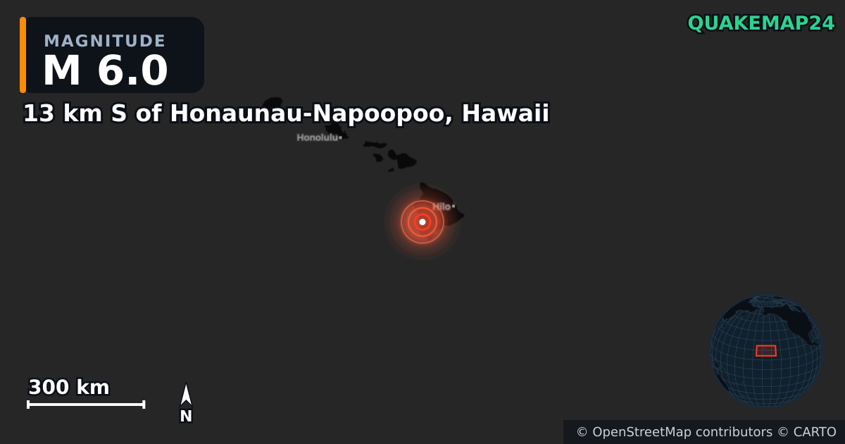 M6.0 earthquake near 13 km S of Honaunau-Napoopoo, Hawaii on May 23, 2026 — map of epicenter and shaking intensity | QuakeMap24