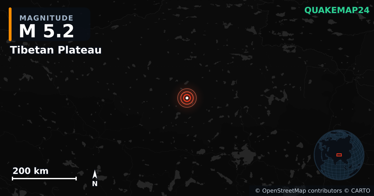 M5.2 earthquake near Tibetan Plateau on Jan 6, 2025 — map of epicenter and shaking intensity | QuakeMap24