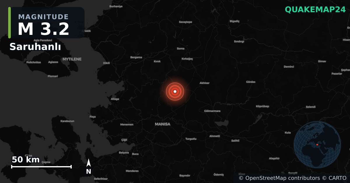 M3.2 earthquake near Saruhanlı on Nov 19, 2025 — map of epicenter and shaking intensity | QuakeMap24