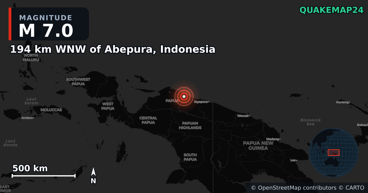 M7.0 earthquake near 194 km WNW of Abepura, Indonesia on Oct 16, 2025 — map of epicenter and shaking intensity | QuakeMap24