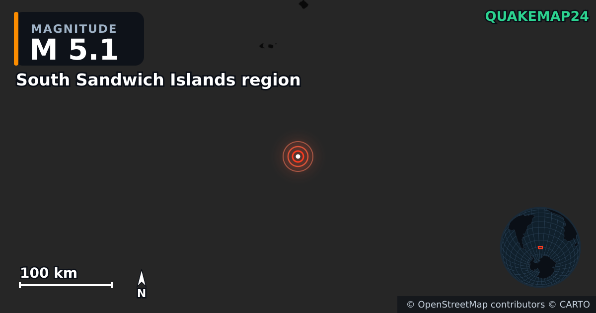 M5.1 earthquake near South Sandwich Islands region on Mar 19, 2025 — map of epicenter and shaking intensity | QuakeMap24