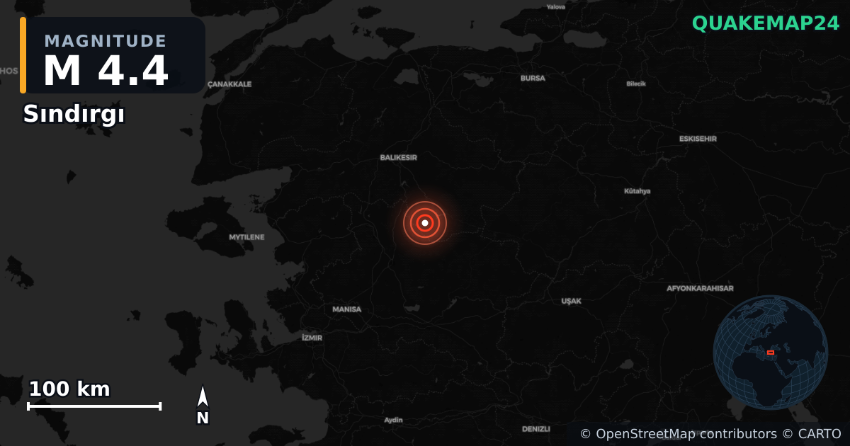M4.4 earthquake near Sındırgı on Nov 1, 2025 — map of epicenter and shaking intensity | QuakeMap24