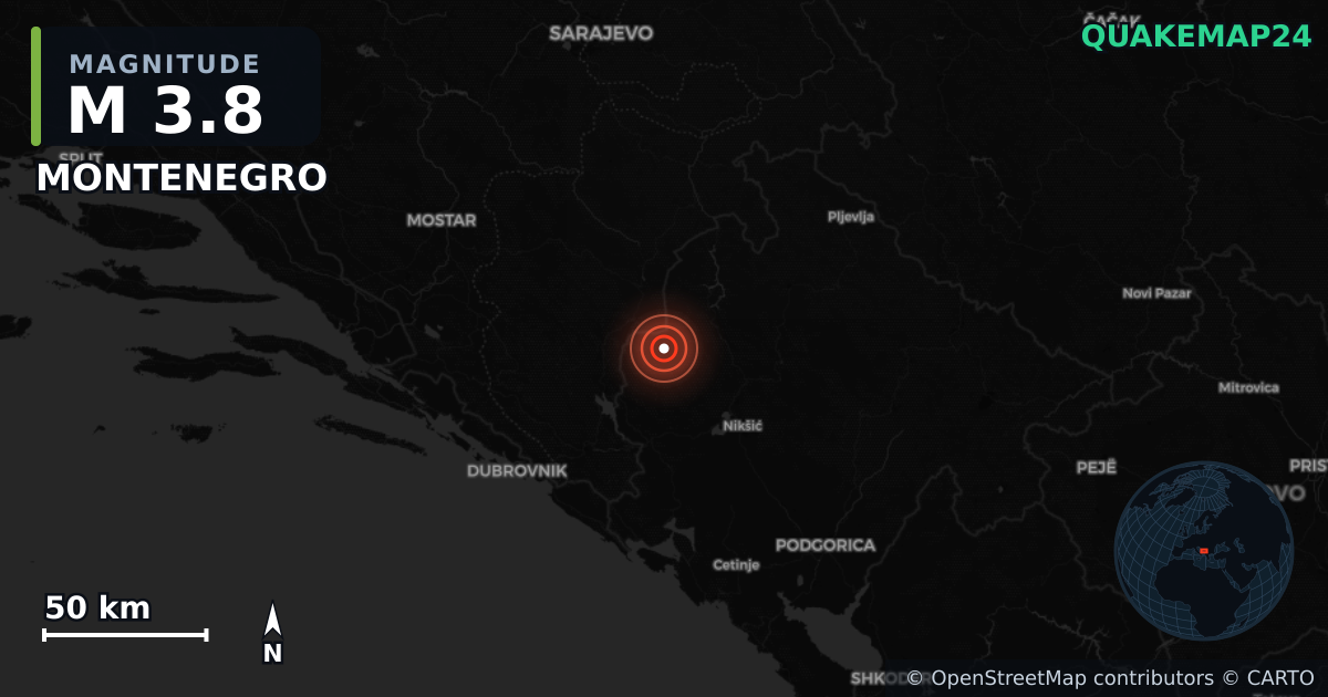 M3.8 earthquake near MONTENEGRO on May 11, 2025 — map of epicenter and shaking intensity | QuakeMap24
