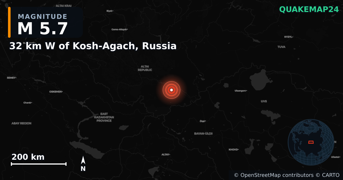 M5.7 earthquake near 32 km W of Kosh-Agach, Russia on Feb 15, 2025 — map of epicenter and shaking intensity | QuakeMap24