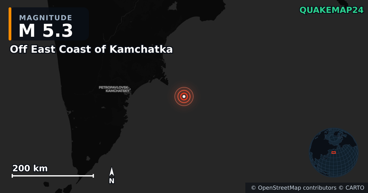 M5.3 earthquake near Off East Coast of Kamchatka on Jul 20, 2025 — map of epicenter and shaking intensity | QuakeMap24