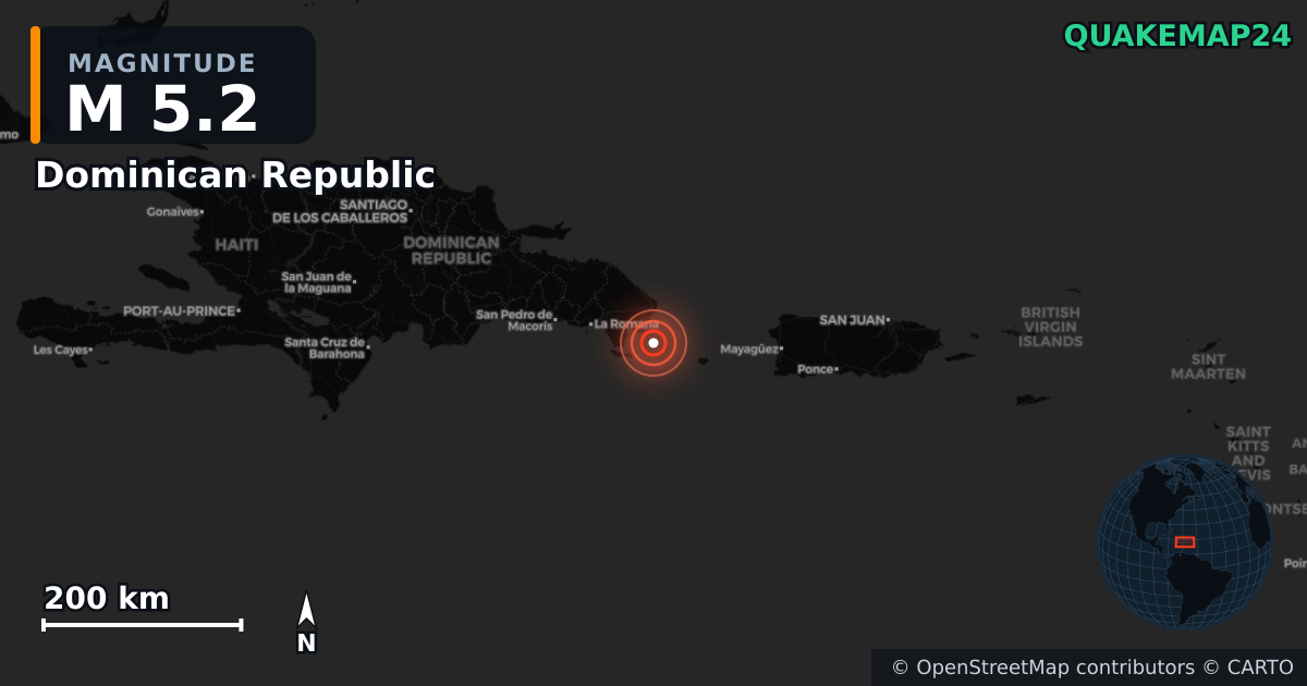 M5.2 earthquake near Dominican Republic on Aug 5, 2025 — map of epicenter and shaking intensity | QuakeMap24