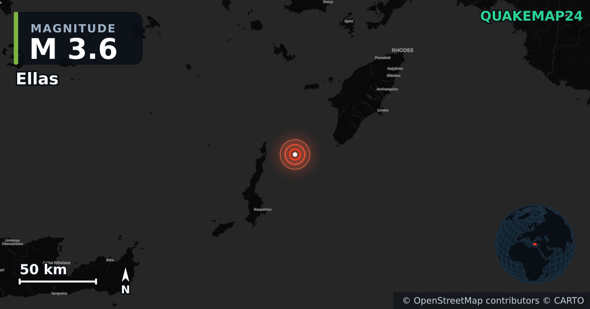 M3.6 earthquake near Ellas on Jan 22, 2026 — map of epicenter and shaking intensity | QuakeMap24