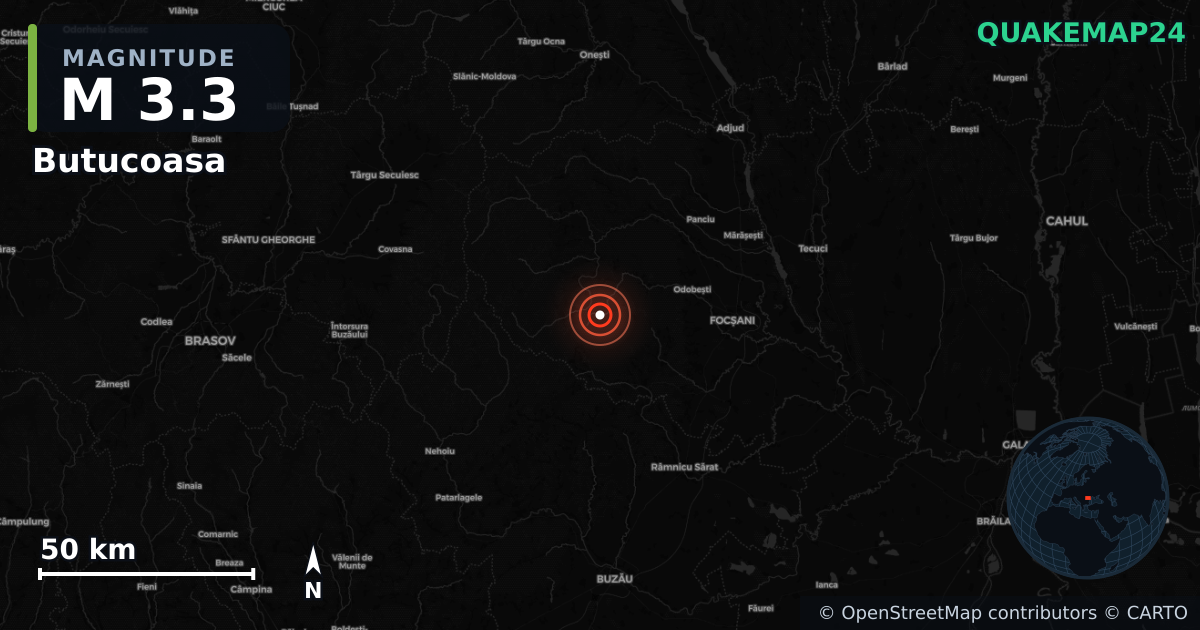 M3.3 earthquake near Butucoasa on Feb 26, 2026 — map of epicenter and shaking intensity | QuakeMap24
