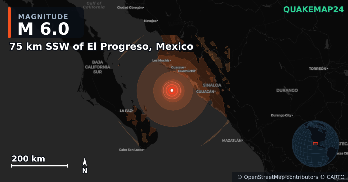 M6.0 Earthquake near 75 km SSW of El Progreso, Mexico · 2026-06-30 — Map showing the location of the epicenter