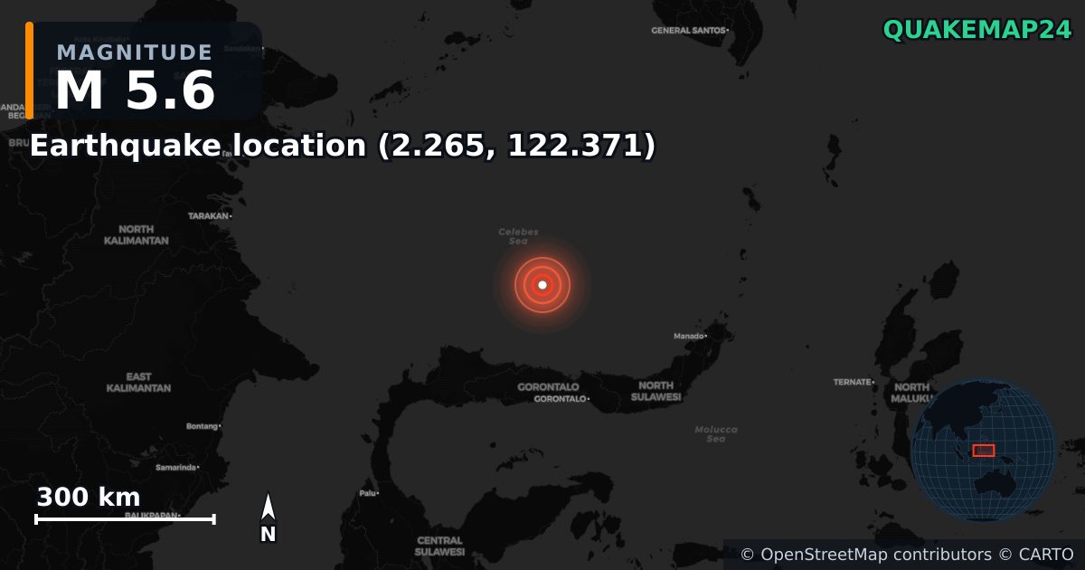 M5.6 earthquake near Deprem konumu (2.265, 122.371) on Apr 2, 2026 — map of epicenter and shaking intensity | QuakeMap24