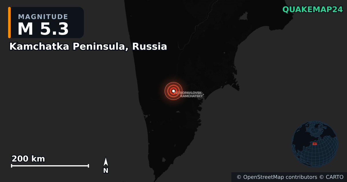 M5.3 earthquake near Kamchatka Peninsula, Russia on Mar 14, 2026 — map of epicenter and shaking intensity | QuakeMap24