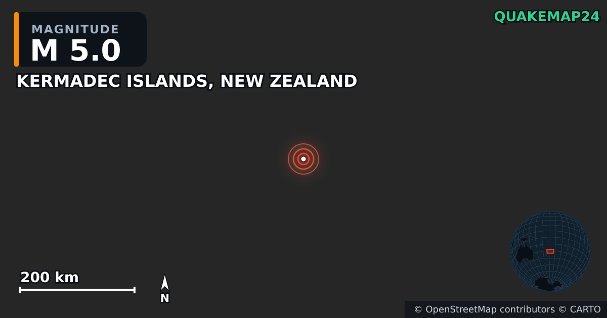 M5.0 earthquake near KERMADEC ISLANDS, NEW ZEALAND on Oct 5, 2025 — map of epicenter and shaking intensity | QuakeMap24