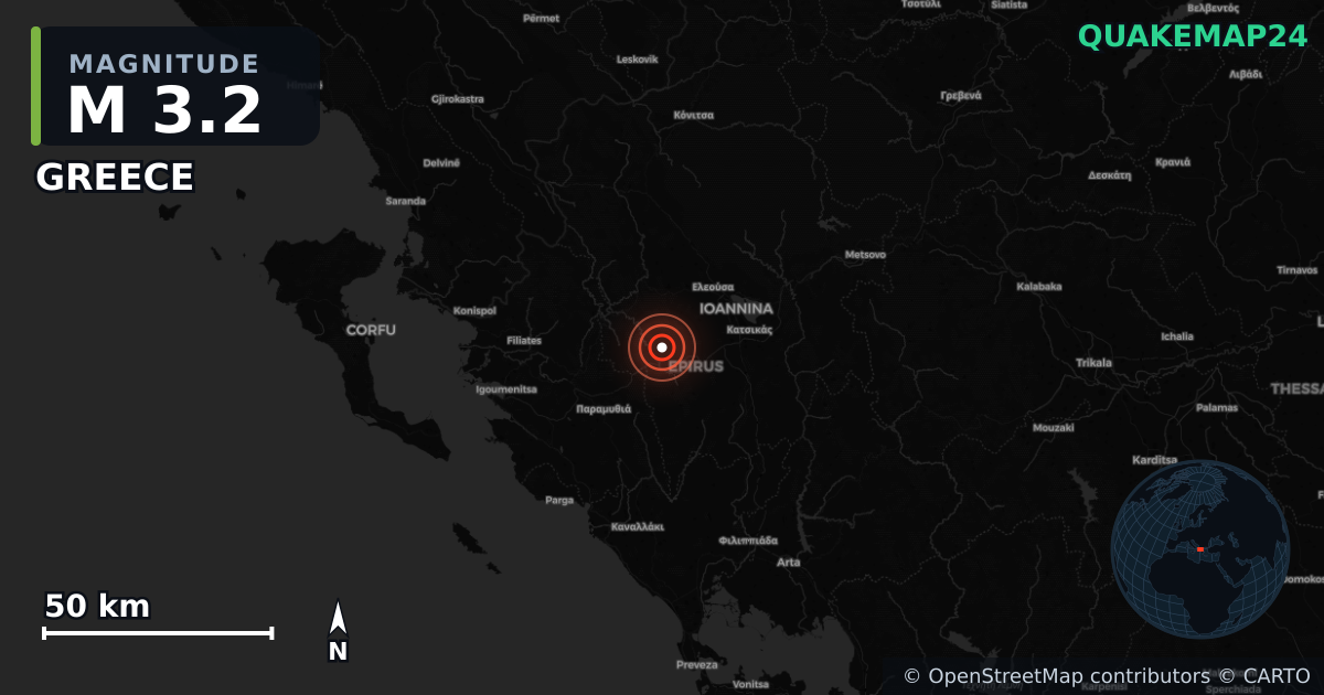 M3.2 earthquake near GREECE on May 5, 2026 — map of epicenter and shaking intensity | QuakeMap24
