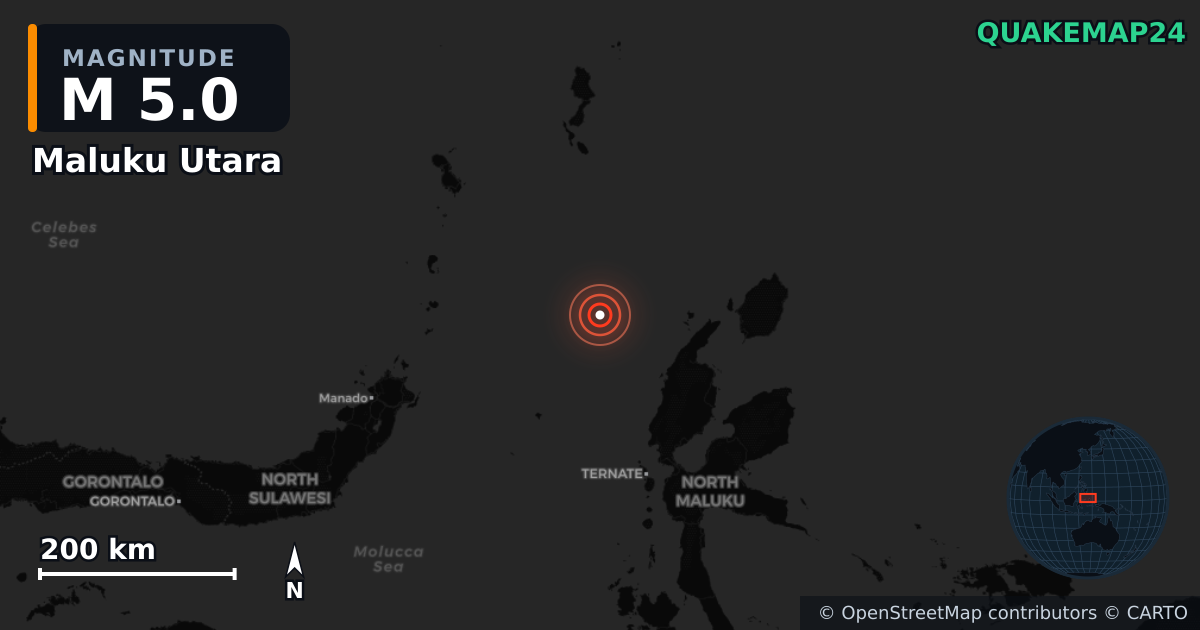 M5.0 earthquake near Maluku Utara on Aug 17, 2025 — map of epicenter and shaking intensity | QuakeMap24