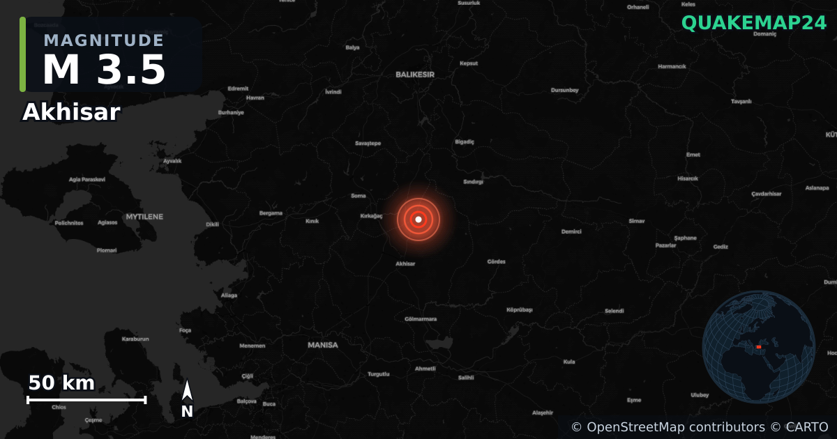 M3.5 earthquake near Akhisar on Aug 30, 2025 — map of epicenter and shaking intensity | QuakeMap24