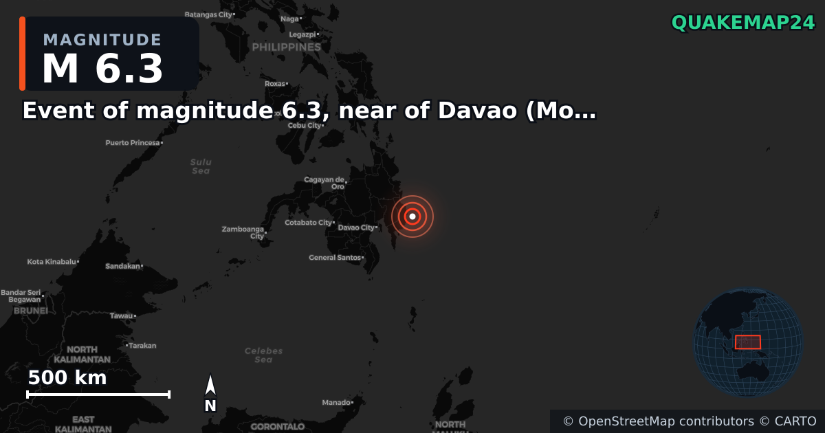M6.3 earthquake near Event of magnitude 6.3, near of Davao (Monde) on Jan 7, 2026 — map of epicenter and shaking intensity | QuakeMap24