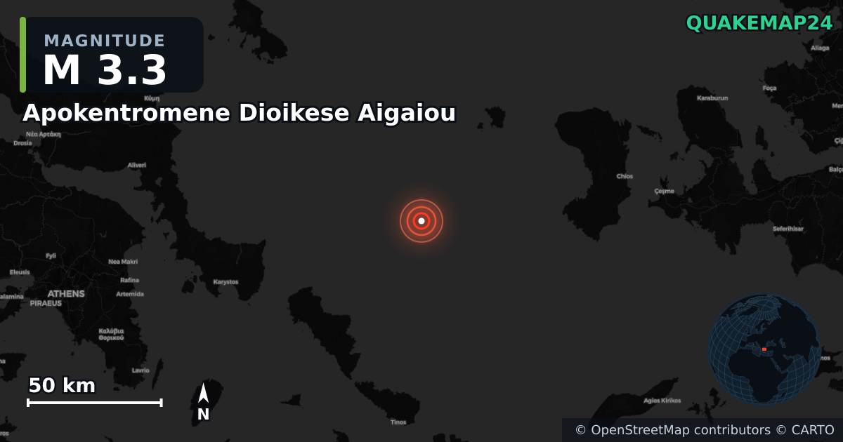 M3.3 earthquake near Apokentromene Dioikese Aigaiou on Sep 20, 2025 — map of epicenter and shaking intensity | QuakeMap24