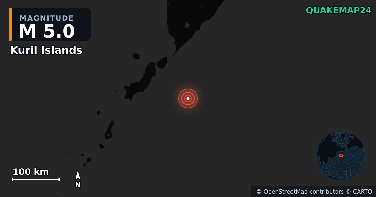 M5.0 earthquake near Kuril Islands on Apr 22, 2026 — map of epicenter and shaking intensity | QuakeMap24